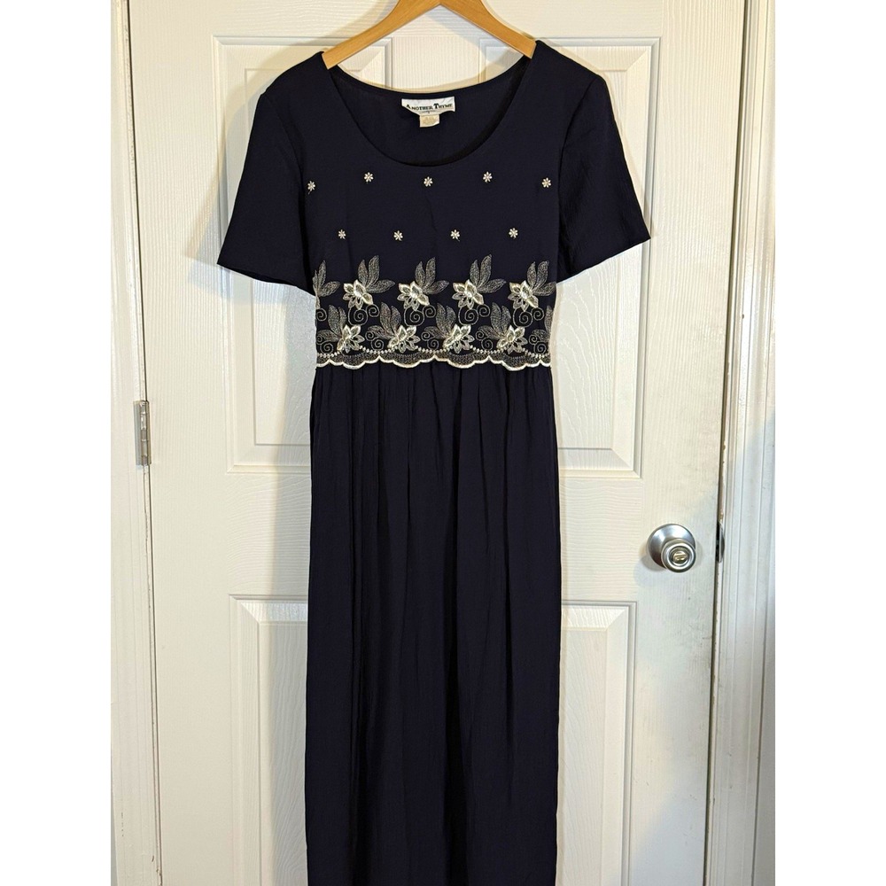 Vtg Another Thyme Navy cottage Floral Embroidered Midi Dress 12 80s 90s